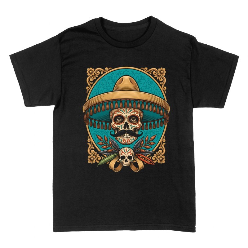 Magliette: Teschio mariachi con baffi e sombrero