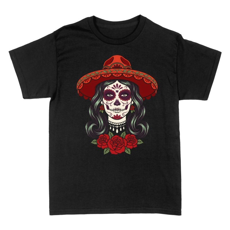 Magliette: Catrina con sombrero rosso e rose