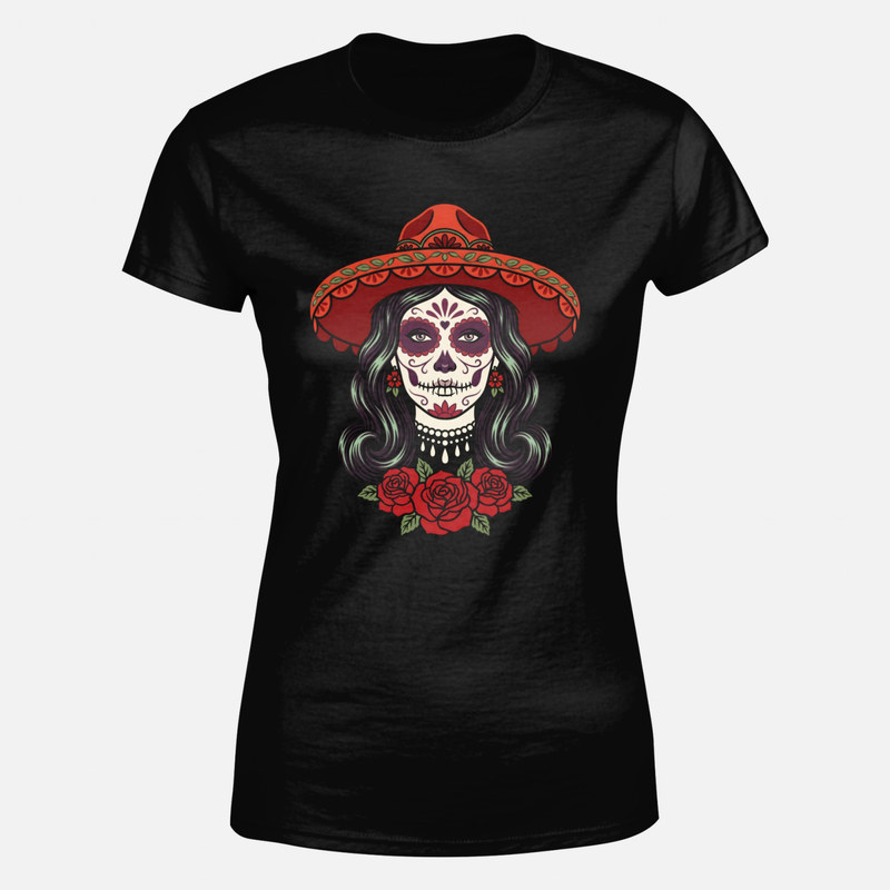 Magliette: Catrina con sombrero rosso e rose