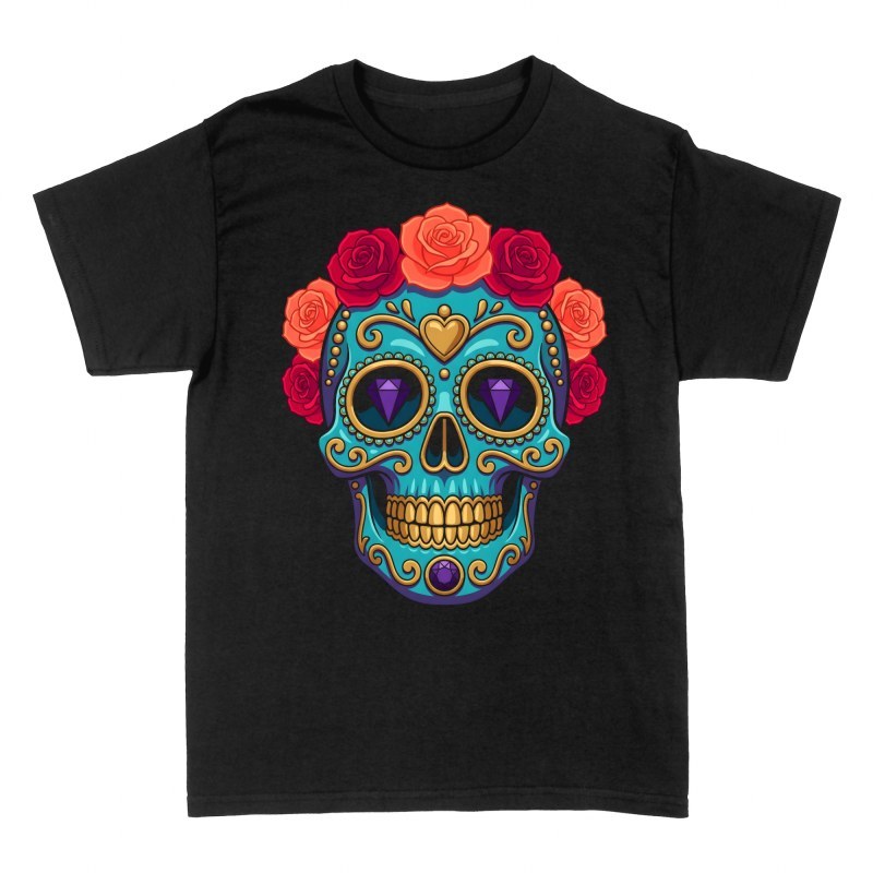Magliette: Teschio turchese oro con rose e diamanti