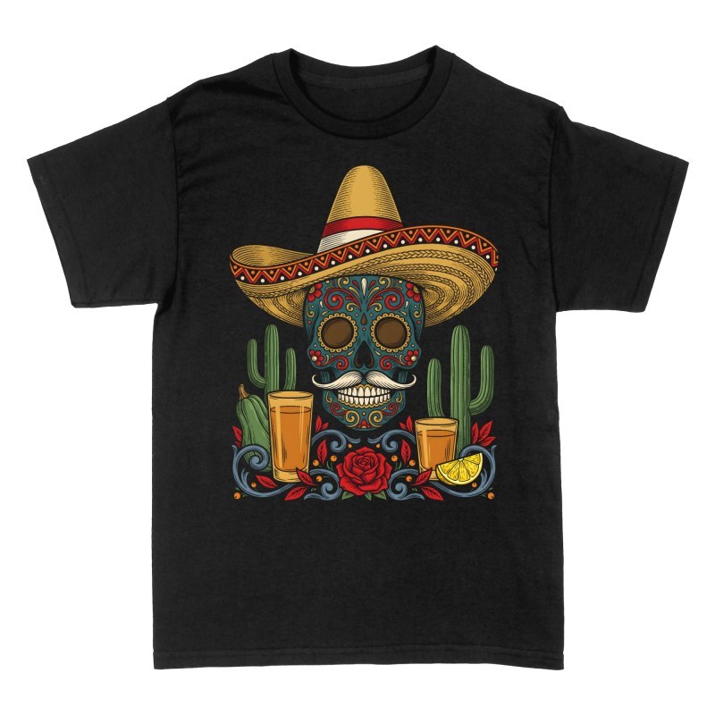 Magliette: Teschio messicano con sombrero e tequila