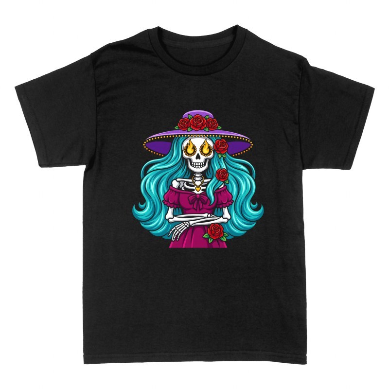 Magliette: Catrina con capelli turchesi e cappello