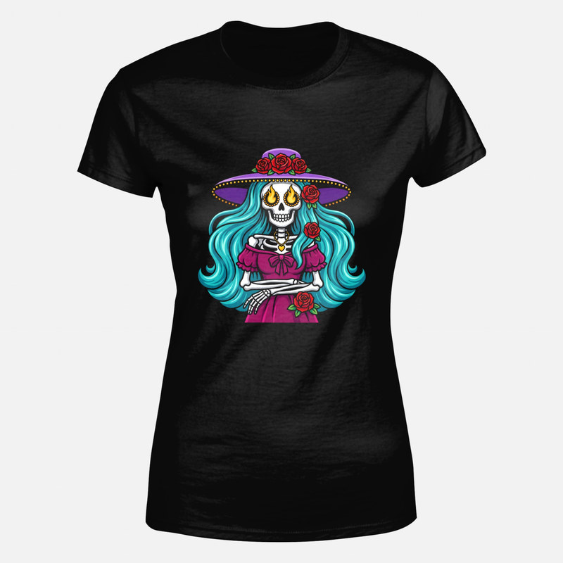 Magliette: Catrina con capelli turchesi e cappello