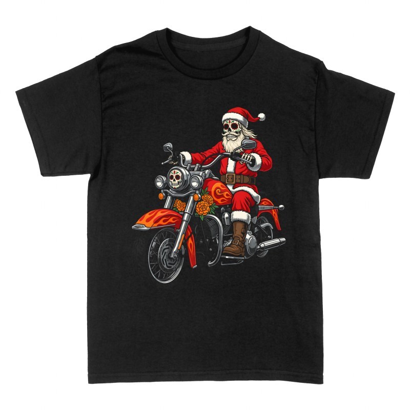 Magliette: Babbo Natale teschio messicano in moto