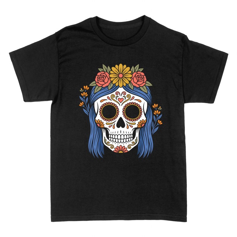 Magliette: Catrina con capelli blu e fiori