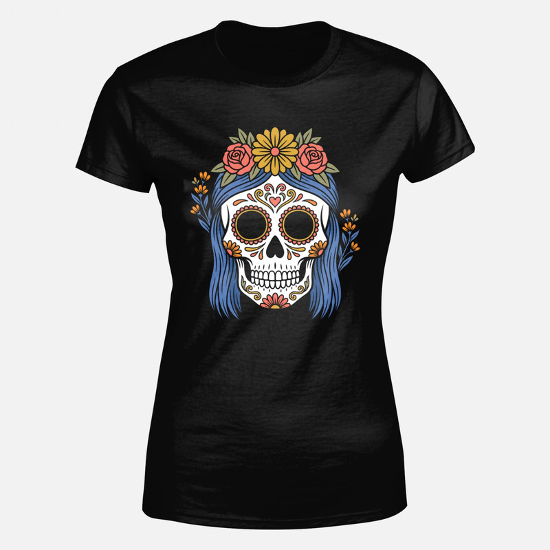 Magliette: Catrina con capelli blu e fiori