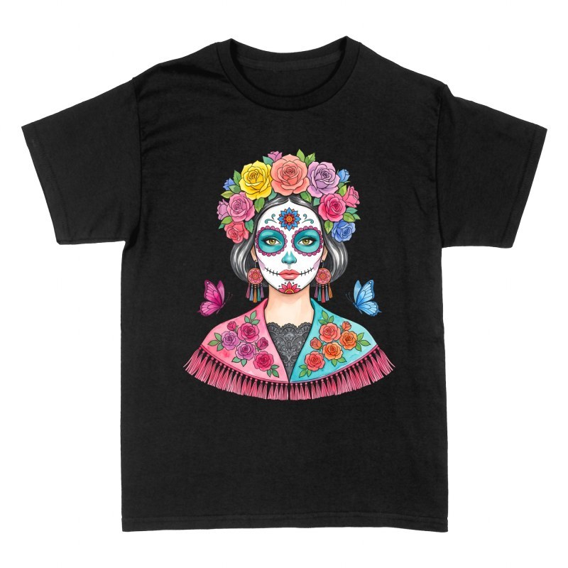 Magliette: Catrina con corona di rose e farfalle