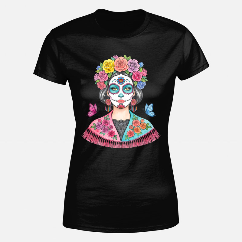Magliette: Catrina con corona di rose e farfalle