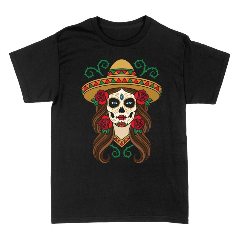 Magliette: Catrina con sombrero mariachi e rose