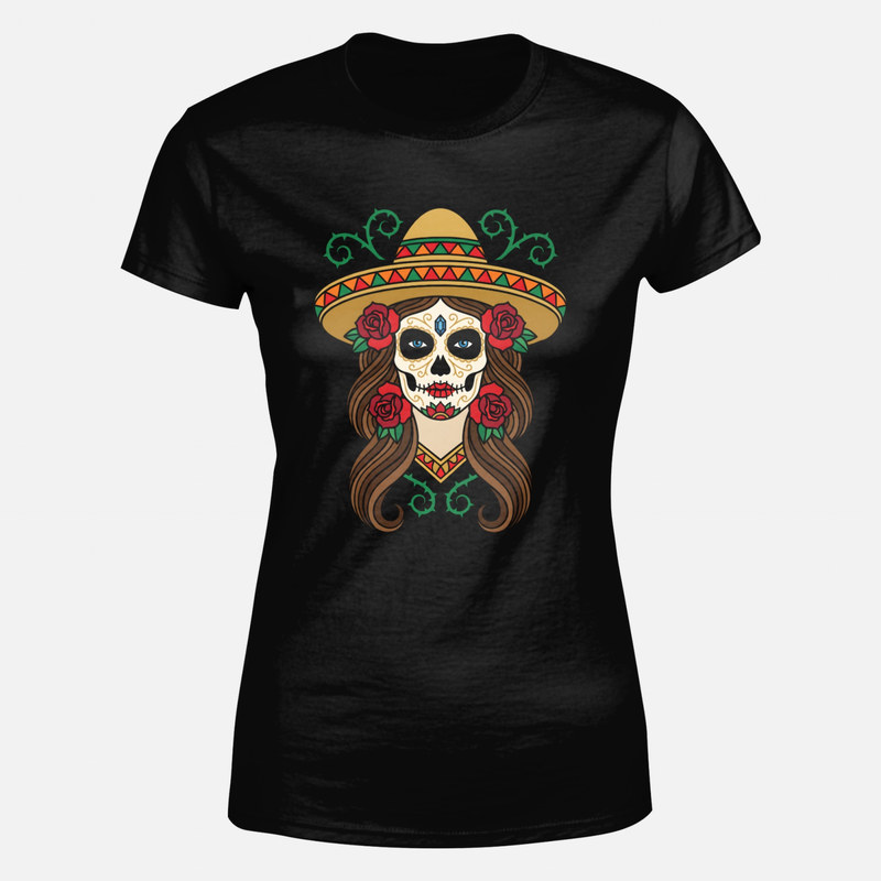 Magliette: Catrina con sombrero mariachi e rose