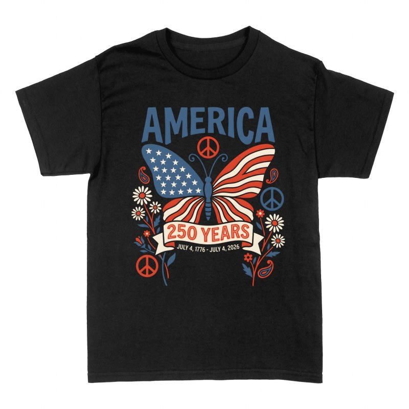 Magliette: Farfalla bandiera USA 250 anni stile hippie