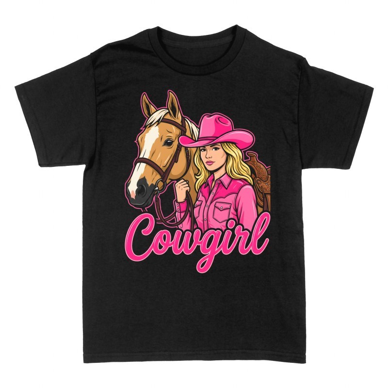 Magliette: Cowgirl bionda in rosa con cavallo