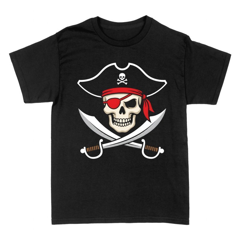 Magliette: Teschio pirata con bicorno e benda rossa