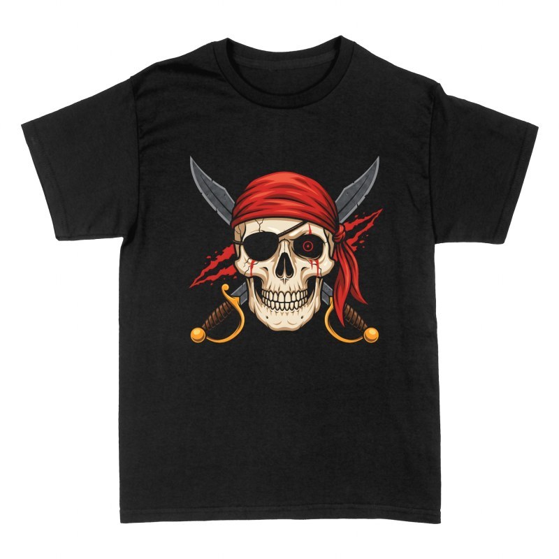 Magliette: Teschio pirata con bandana rossa e spade