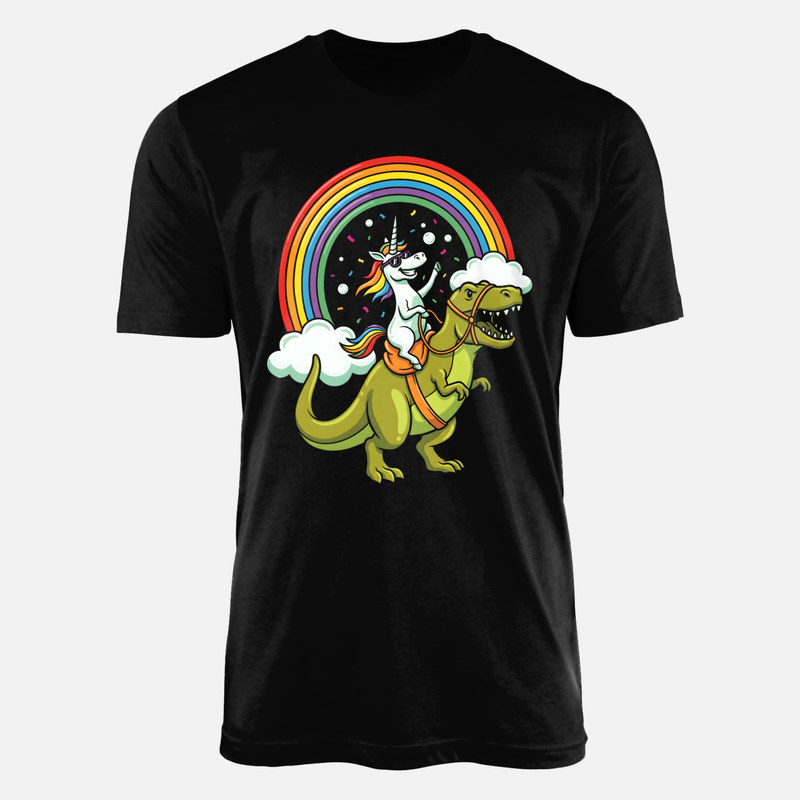 Magliette: Unicorno a cavallo di un T-Rex con arcobaleno