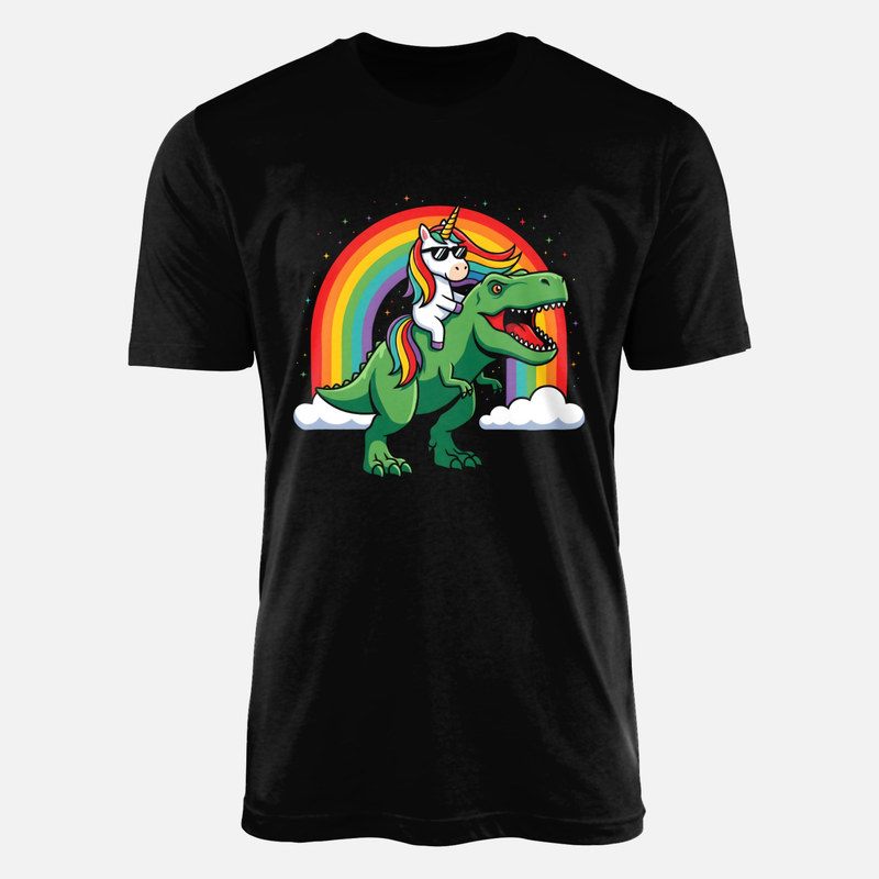 Magliette: Unicorno a cavallo di un T-Rex e arcobaleno