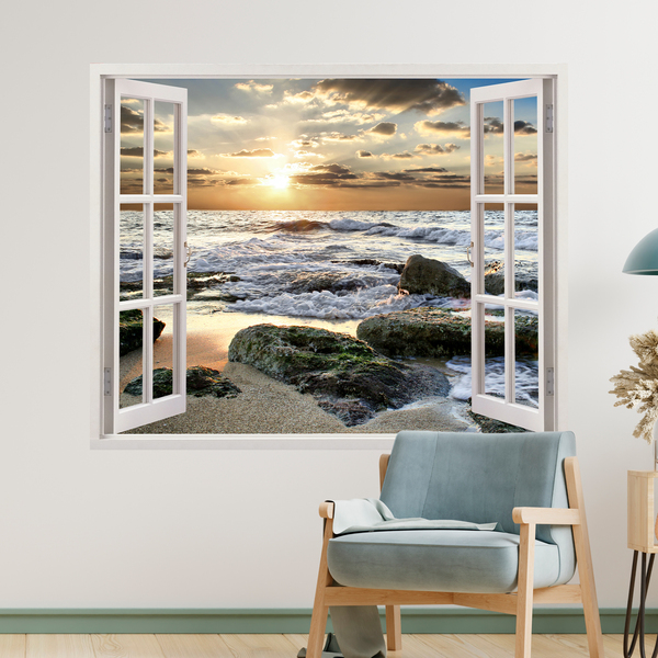 Finestra sul tramonto sul mare con scogli 2