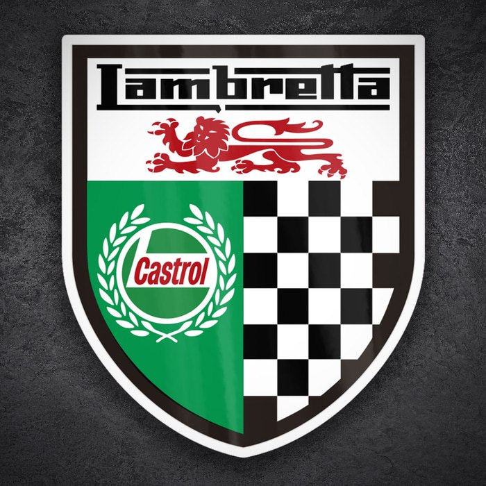 Adesivi per Auto e Moto: Stemma Lambretta Castrol con Leone Inglese e Bandi