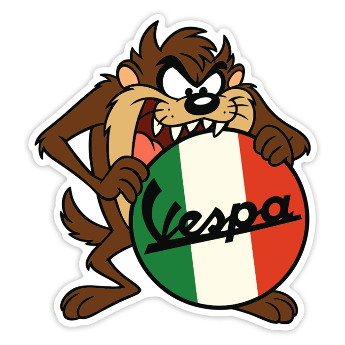 Adesivi per Auto e Moto: Taz con Vespa e bandiera italiana