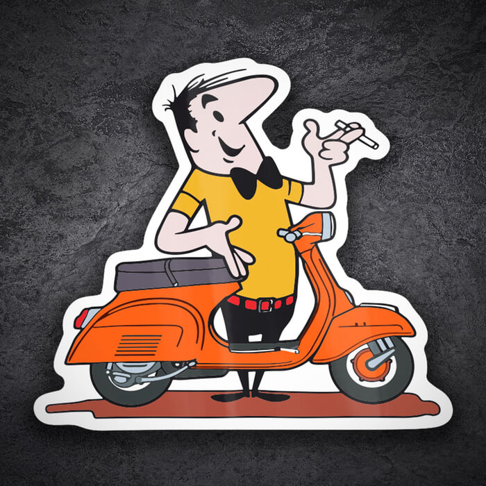 Adesivi per Auto e Moto: Uomo con Vespa Arancione Stile Cartoon