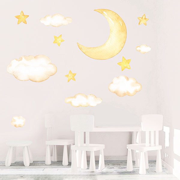 Adesivi per Bambini: Kit luna, nuvole e stelle ad acquerello