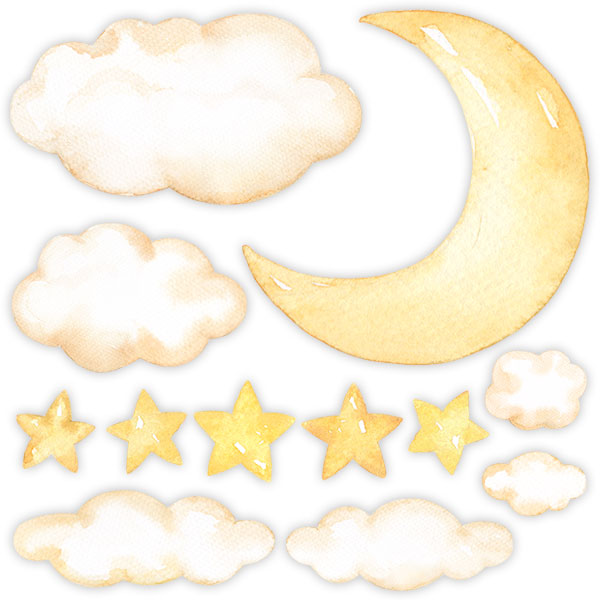 Adesivi per Bambini: Kit luna, nuvole e stelle ad acquerello